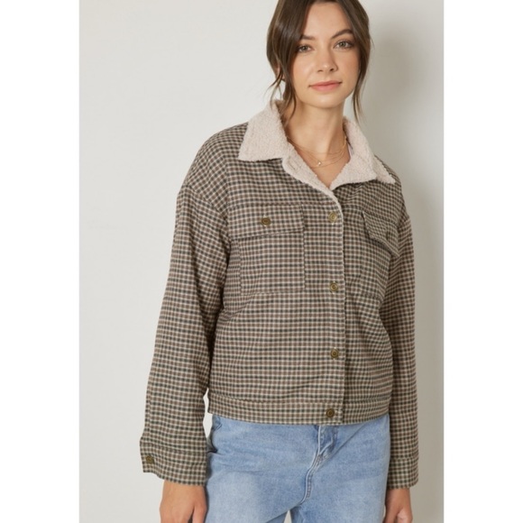 107-3 Entro Micro Plaid Print Button Front Jacket with Sherpa Lining - Picture 3 of 9